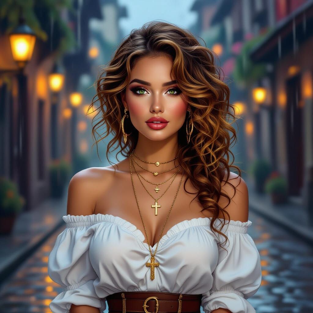 Stunning Woman in Rainy Street, Oil Painting Style