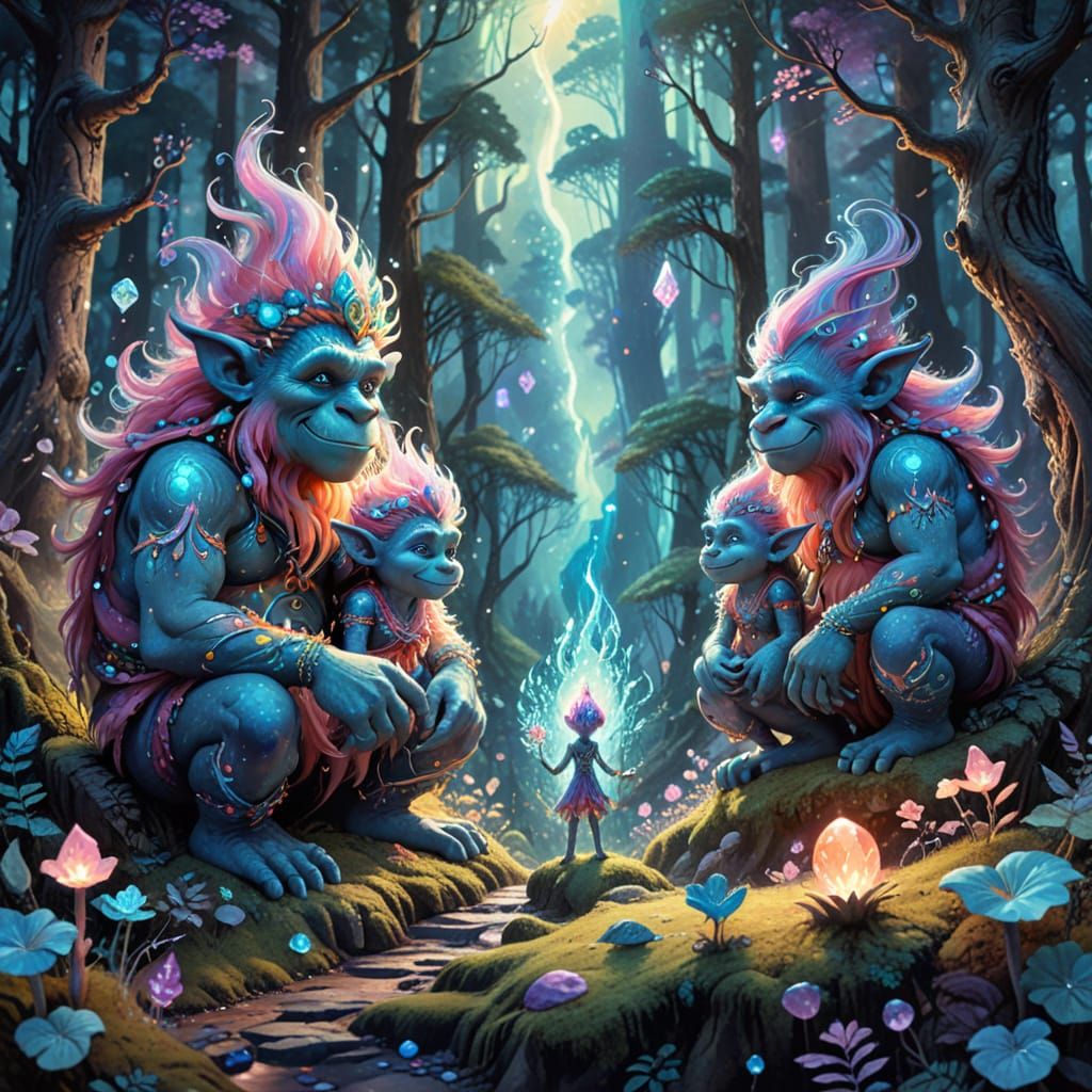 Troll Family in Dreamlike Forest, Fantasy Art