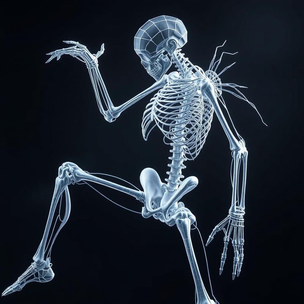 Cyberpunk Skeleton Figure in Wireframe Style