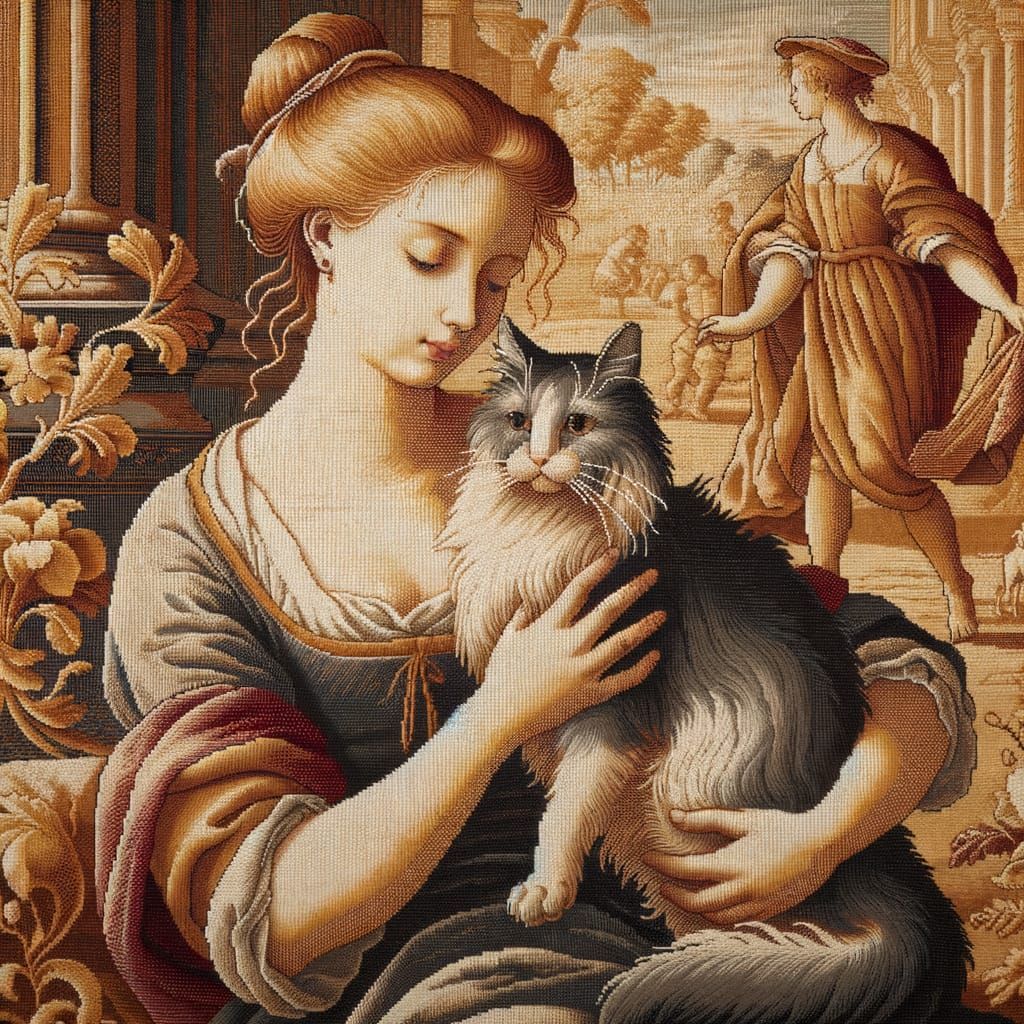 Woman and Cat in Flemish Tapestry Style