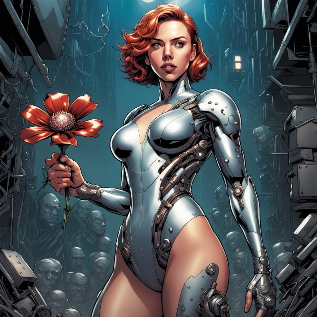 Cyborg Scarlett Johansson holding a metal flower in hand