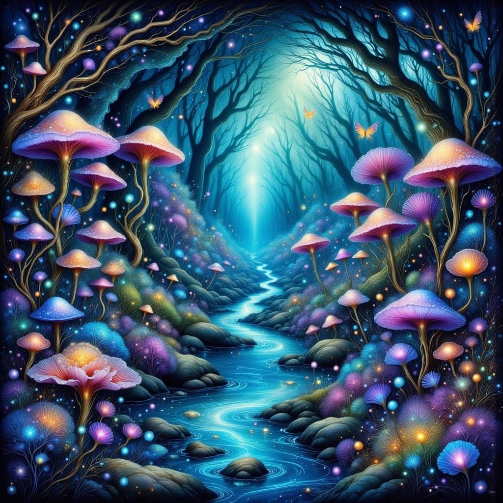 Ethereal Glow of Bioluminescent Mushrooms in a Subterranean ...