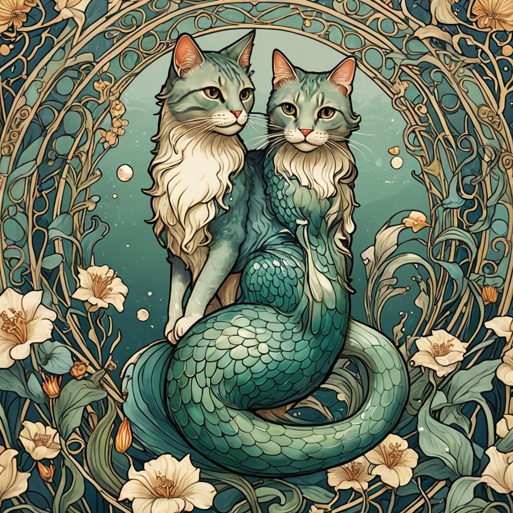 Art Nouveau Cat Mermaid Illustration