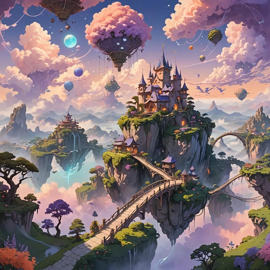 Floating Islands with Dragons in Dreamy Landscape