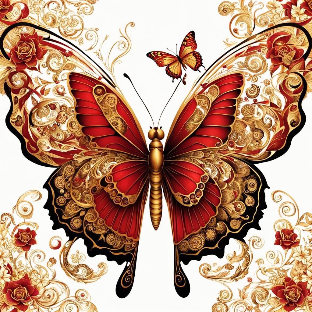Red and Gold Butterfly with Floral Wing