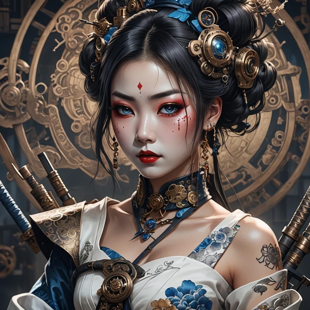 Steampunk Geisha Portrait with Samurai Weapon