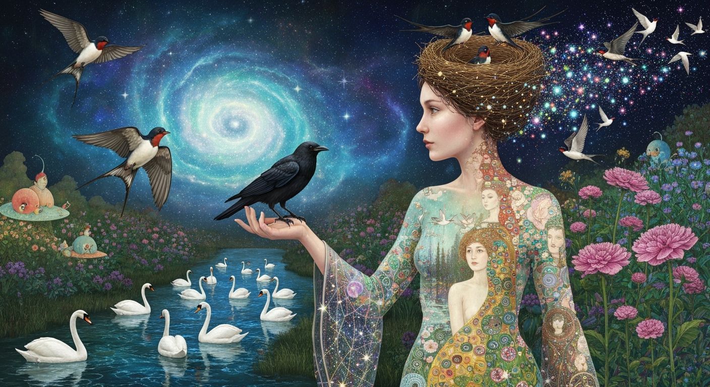 Ethereal Woman Transforms into Birds Amidst Cosmic Energy