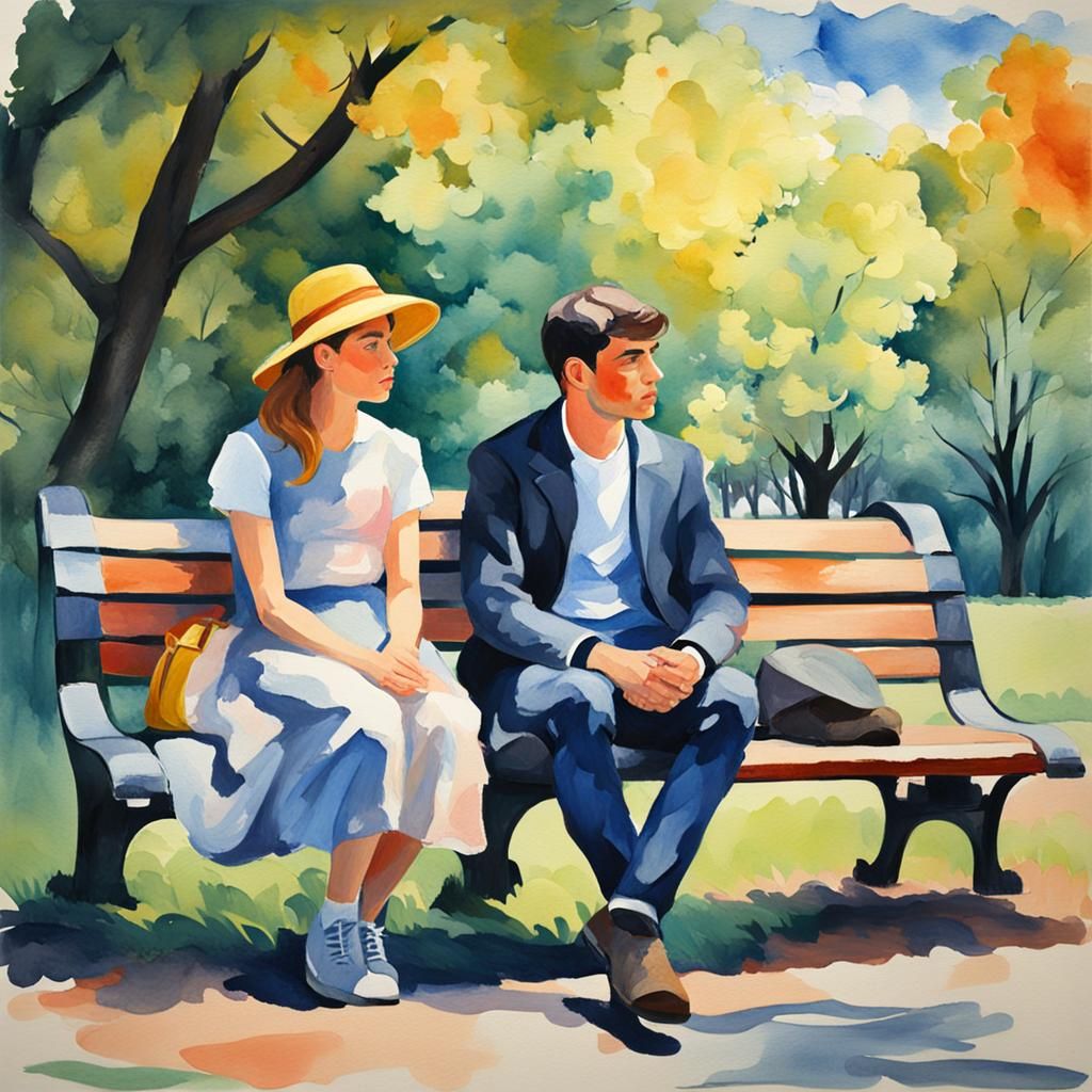 Couple on Park Bench in Gouache Watercolor Style