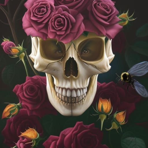 Tree Skull with Flowers: Hyper-Detailed Fantasy Art