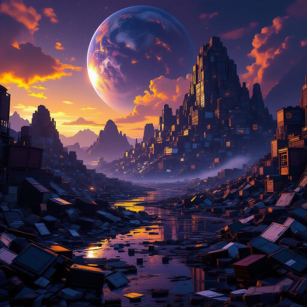 Junkyard Planet with Mega Mountains in Dark Fantasy Style