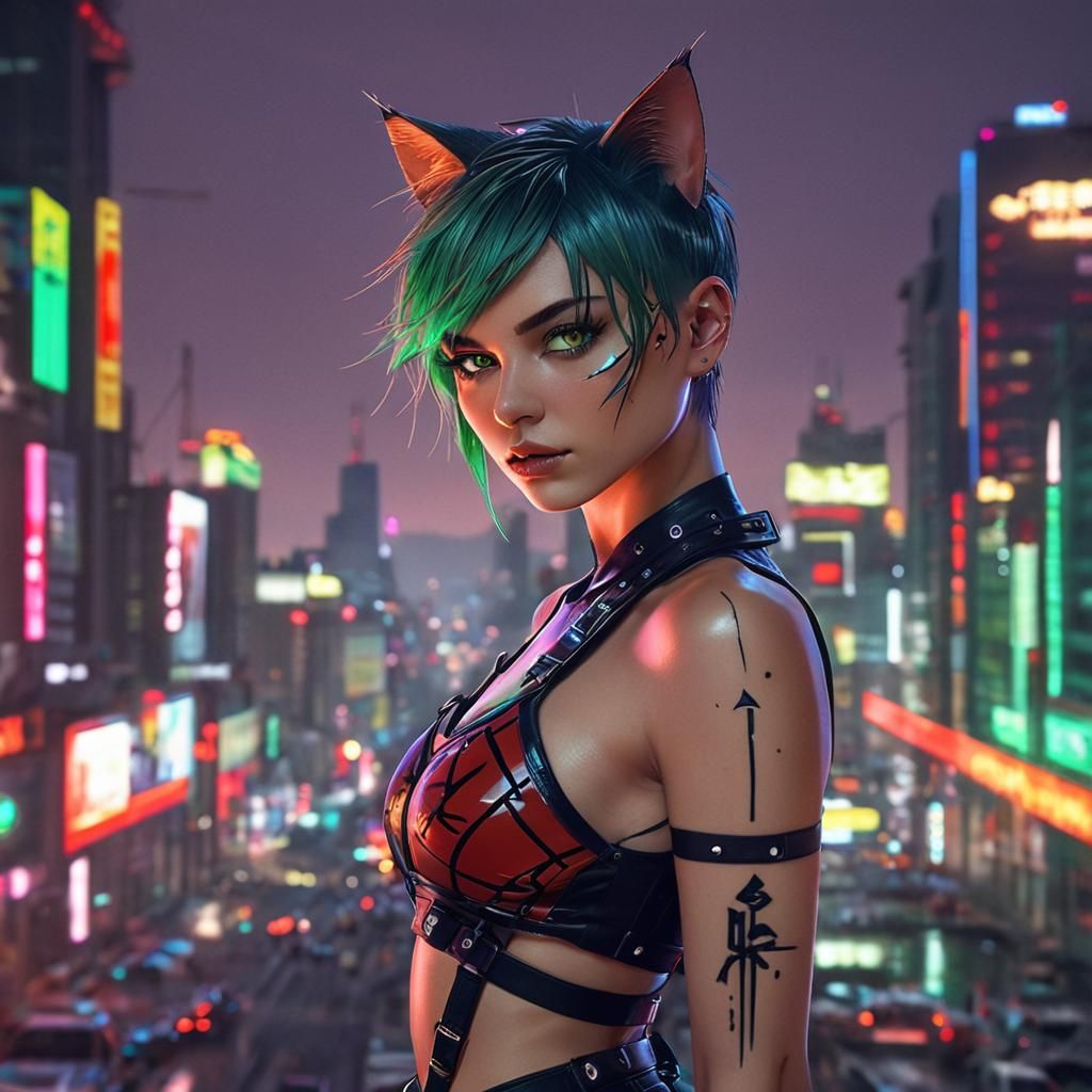 Sleek Cyberpunk Catgirl Posing in Neon Cityscape