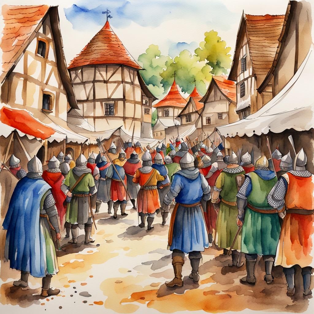 Medieval Village Festival in Vibrant Watercolor