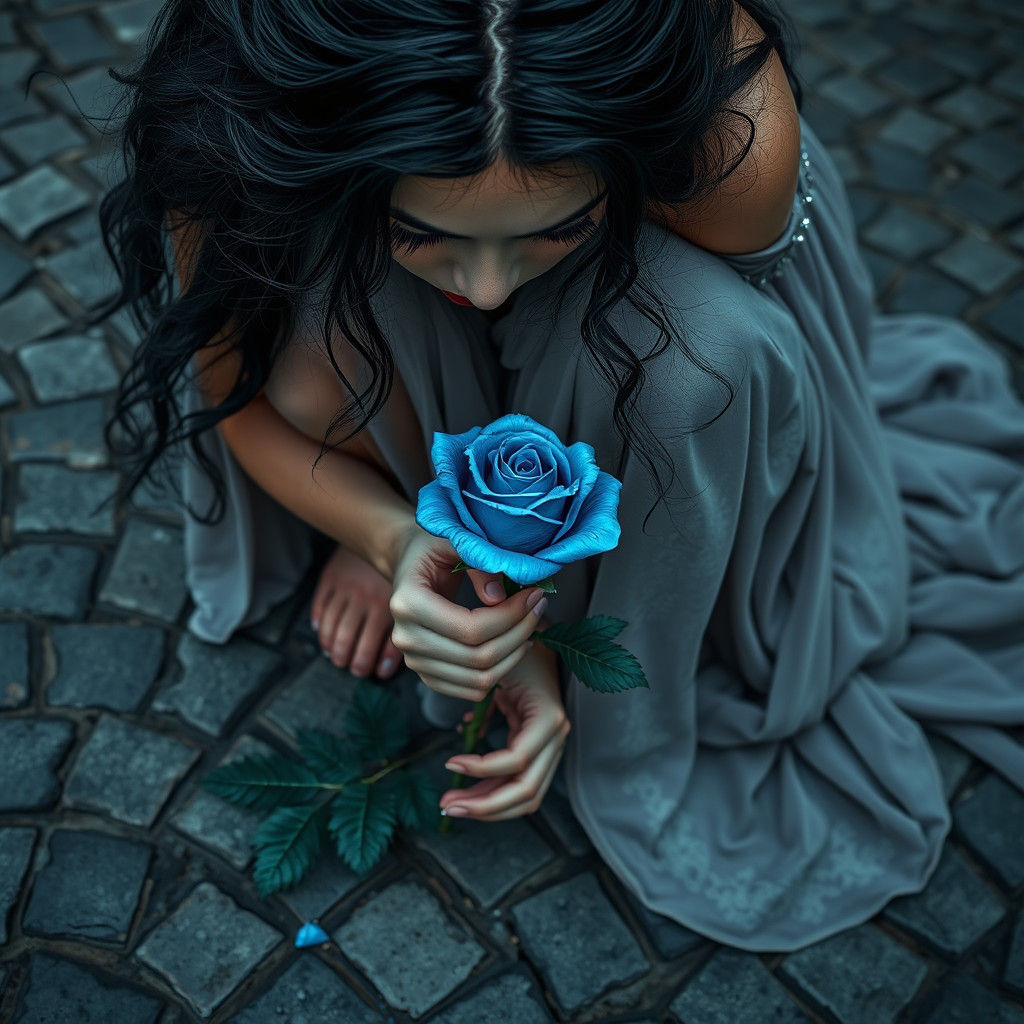 A beautiful dark-haired woman, squatting down to pick up a single blue rose that is on the ground