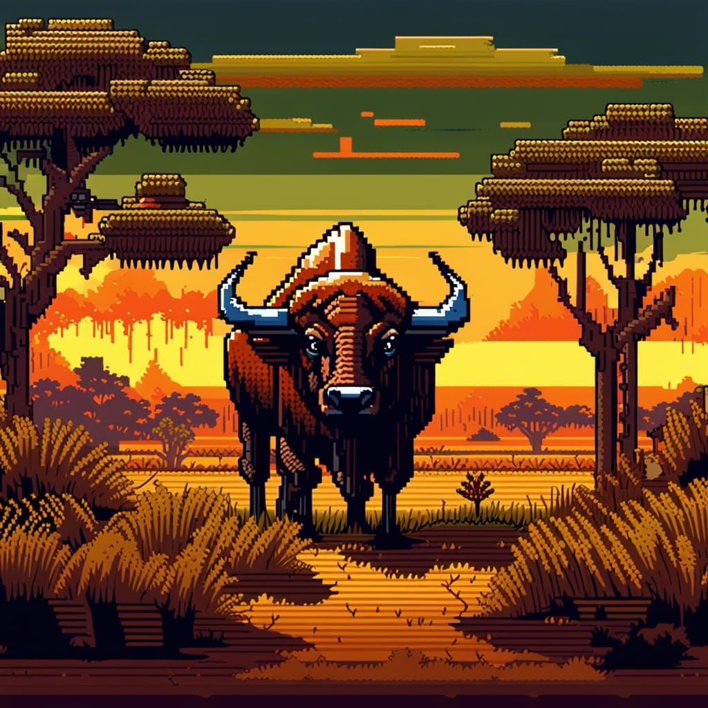 African Buffalo in Retro Pixel Art Style