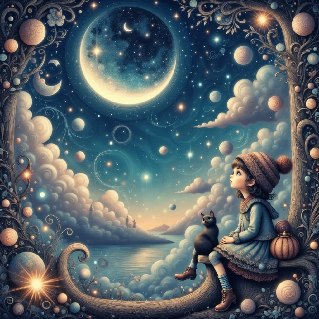 Child and Cat Gaze at Moon in Dreamy Landscape