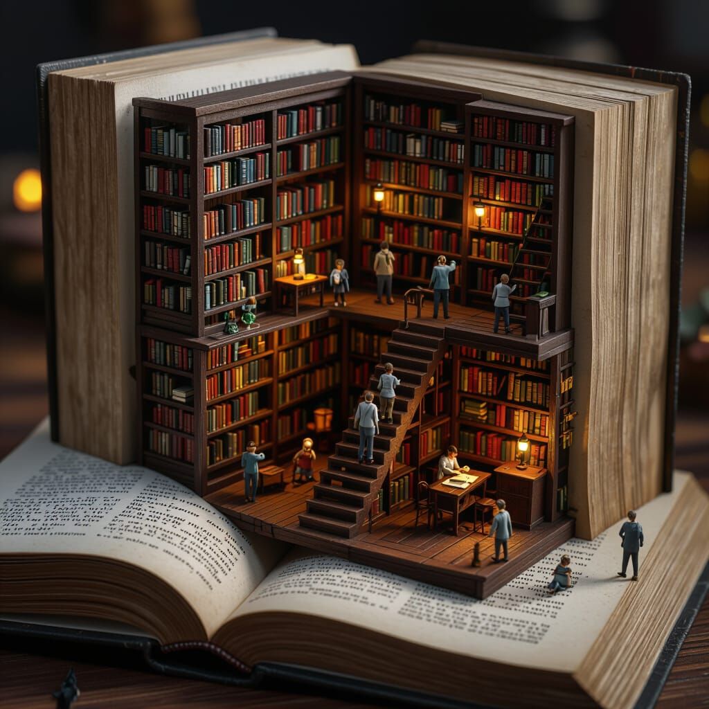 Cozy Tiny Library Inside an Open Book