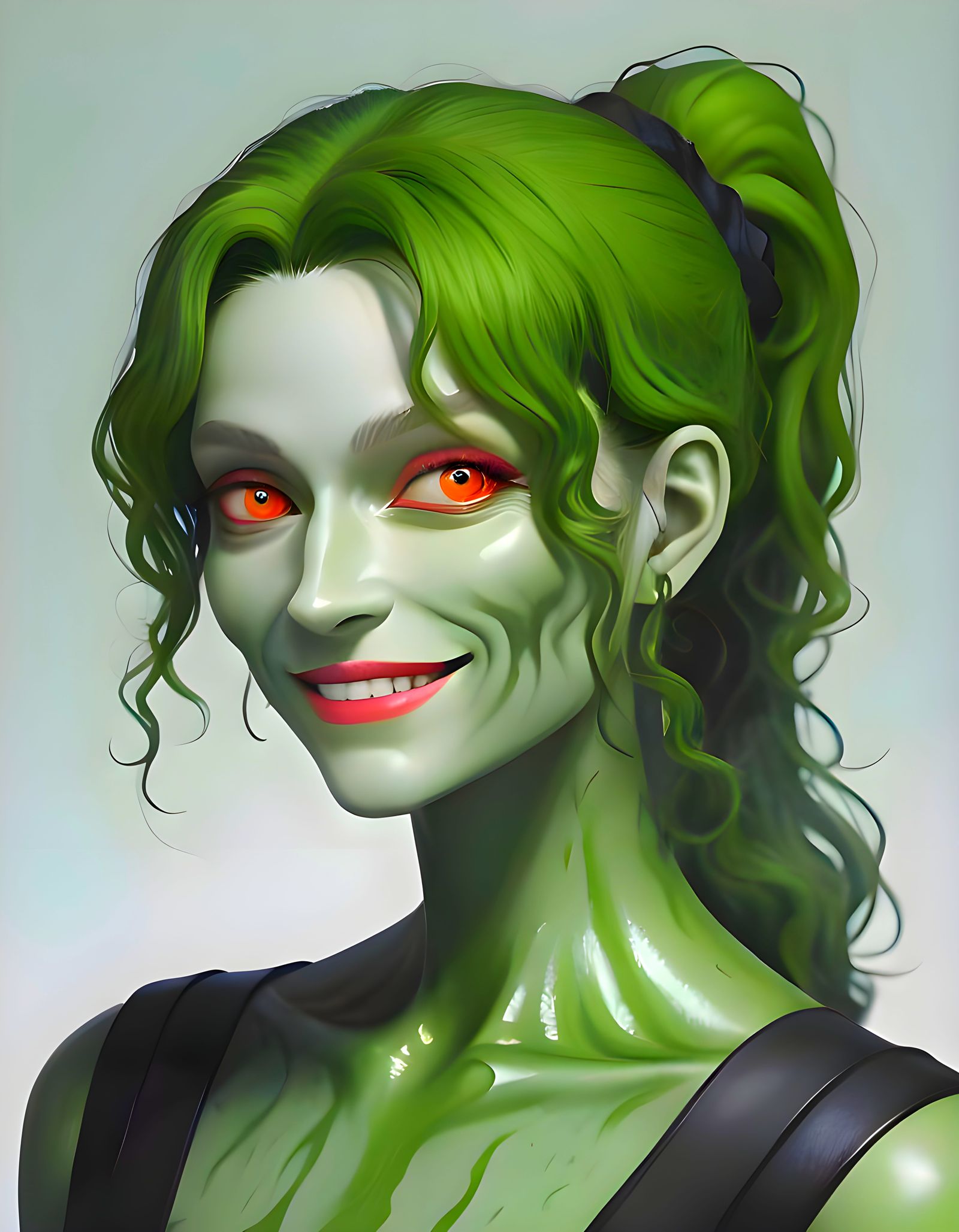 Green-Skinned Girl Portrait with Red Eyes, 8K