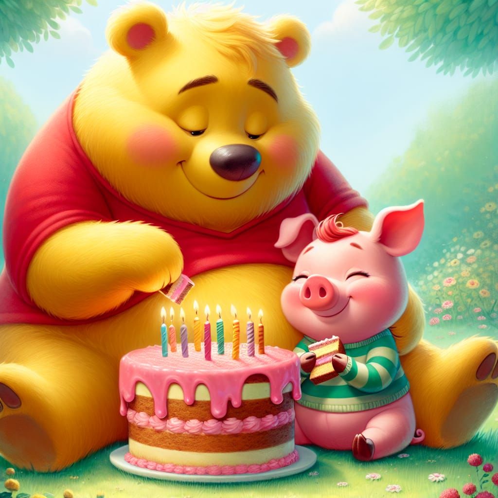 Chubby Bear and Piglet Enjoy Birthday Cake in the Meadow