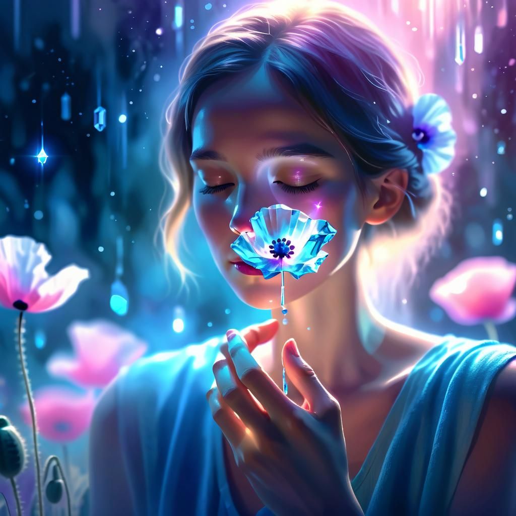 Woman with Glowing Crystal in Ethereal Watercolour