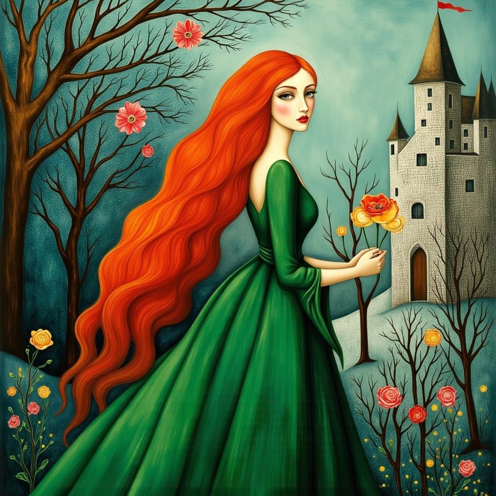 Charming Storybook Illustration of a Woman Before a Castle