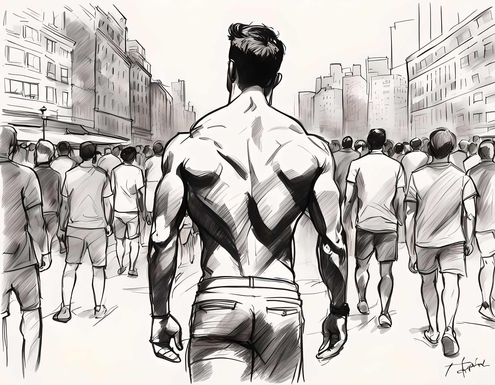 Shirtless Man in New York: Efraín Malo Style Sketch