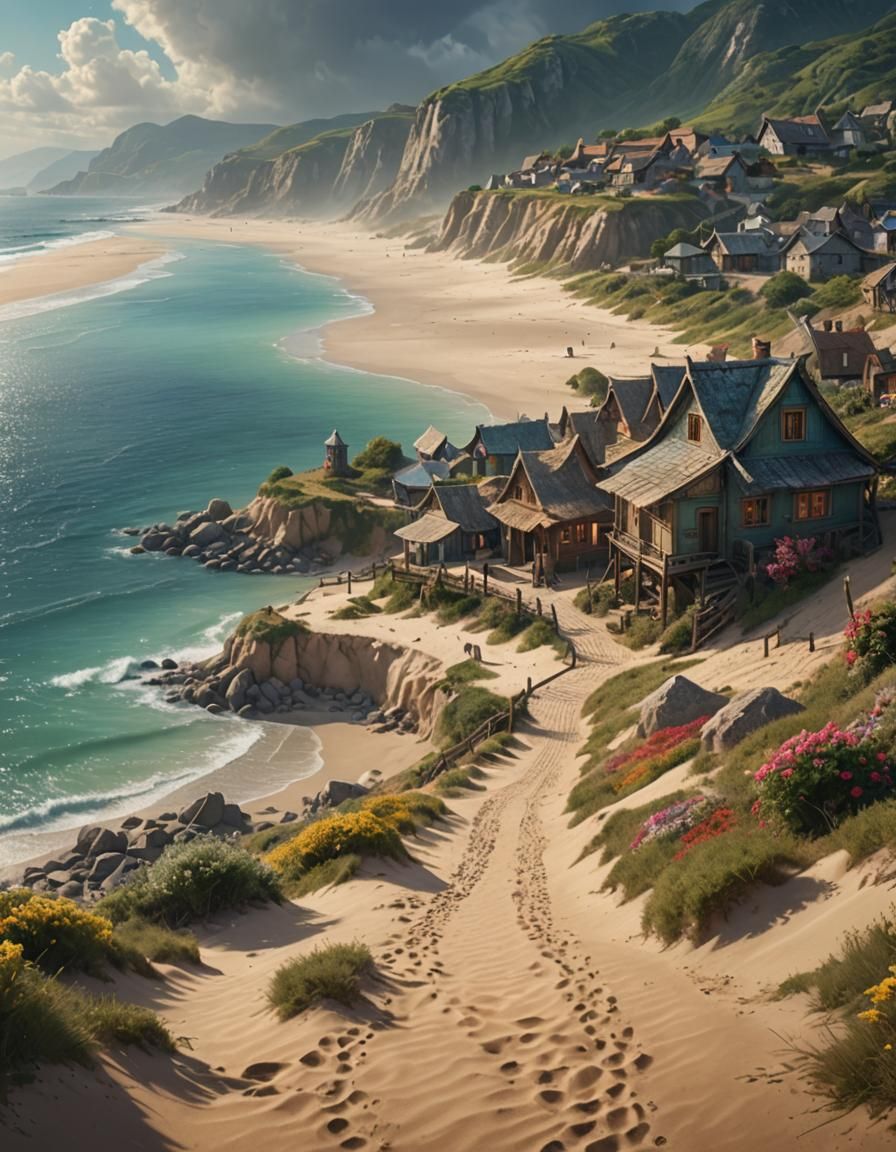 Coastal Fishing Village in Hyperrealistic Fantasy Art