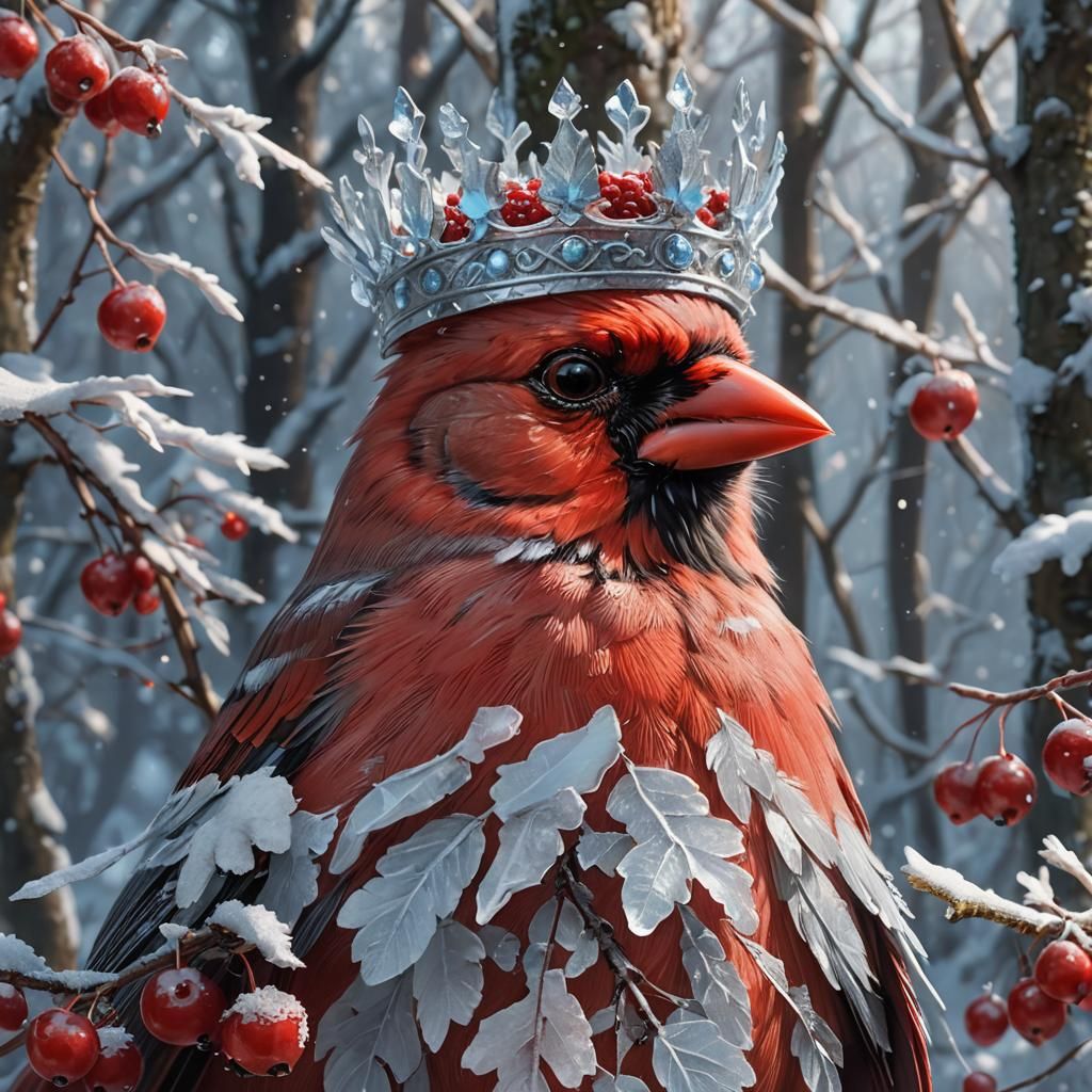 Cardinal with Ice Crown: Hyperdetailed Winter Portrait