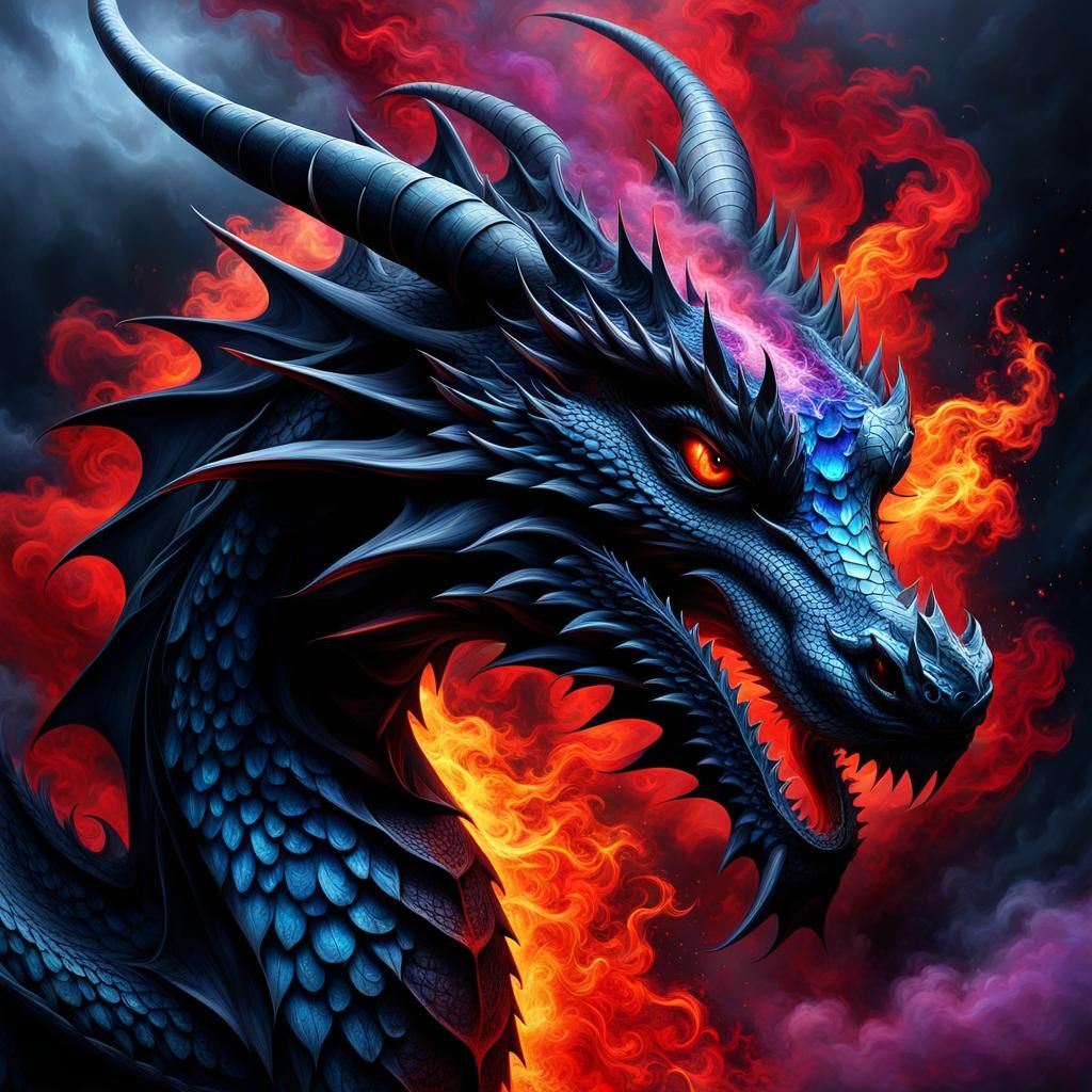 Fiery Dragon Digital Art with Fractal Cloud Elements