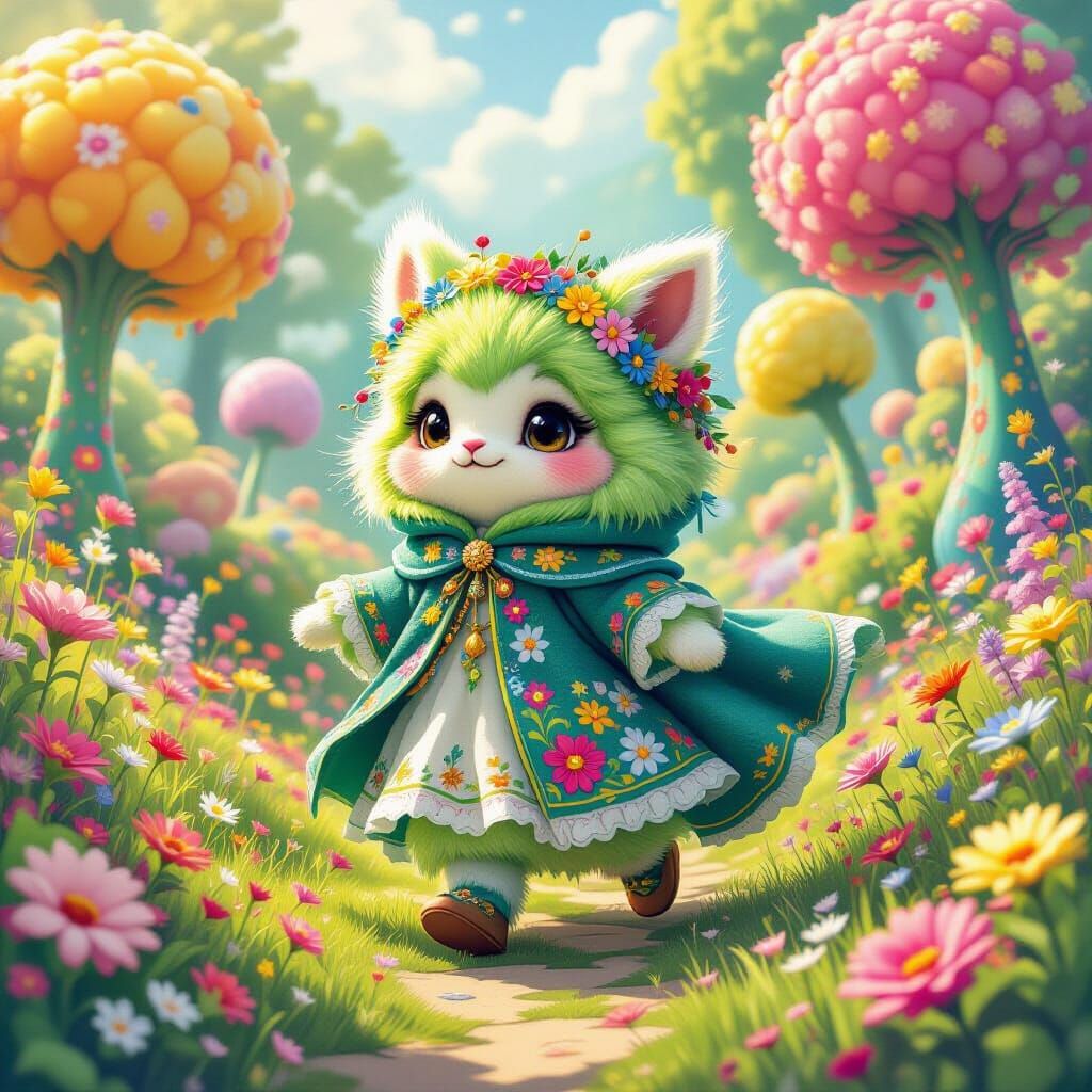 Whimsical Wool Creature in a Candy Garden