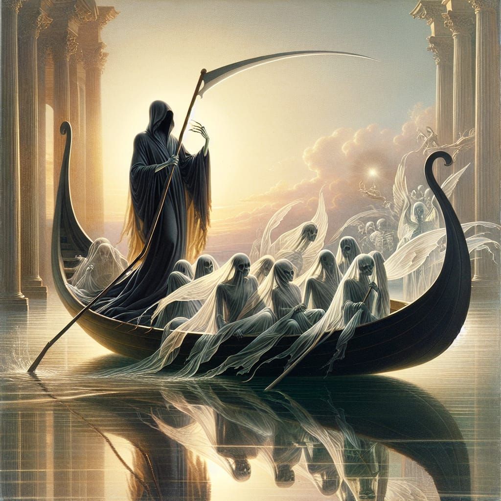 Grim Reaper Ferrying Souls to Heaven at Sunset