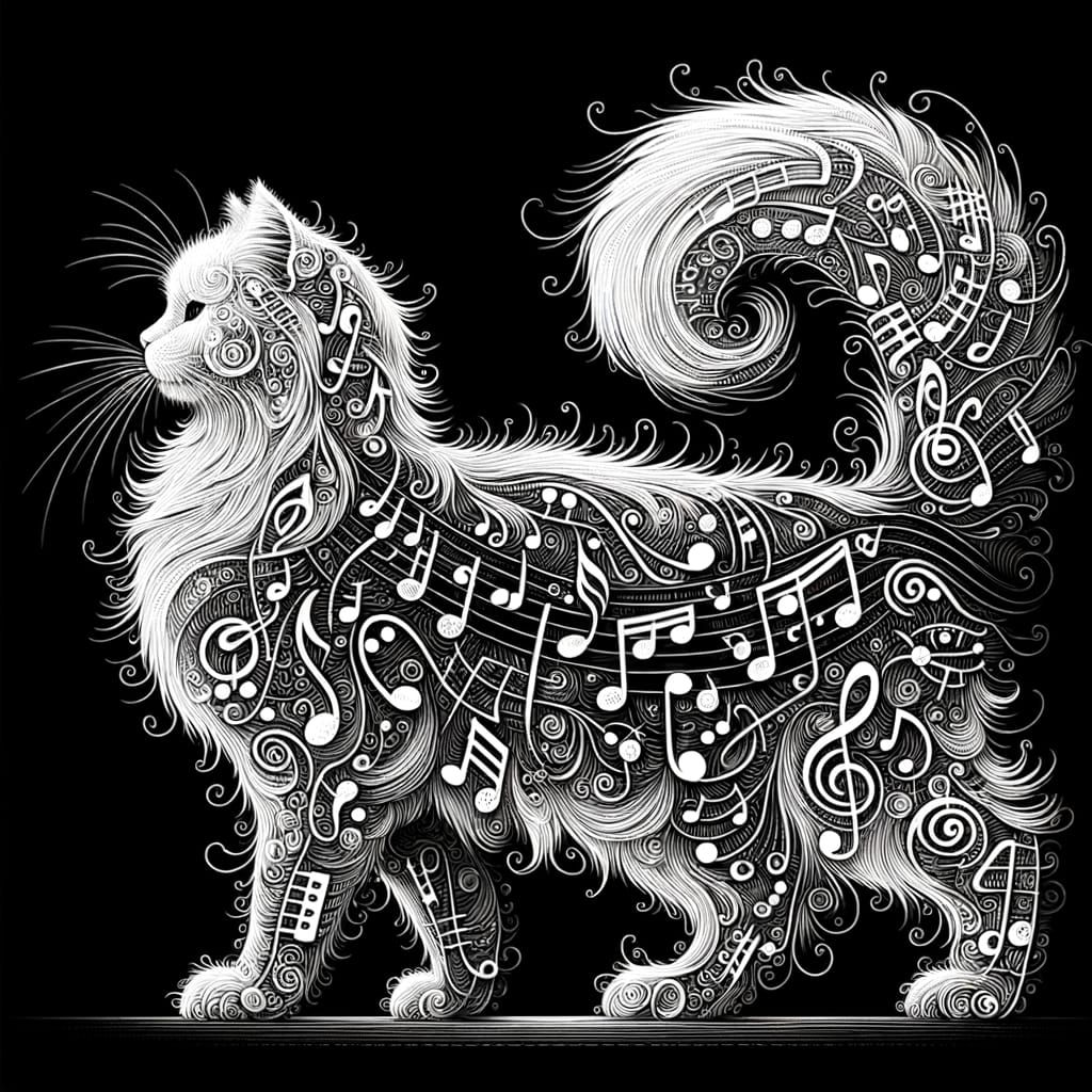 Musical Cat: Intricate Line Art Sketch