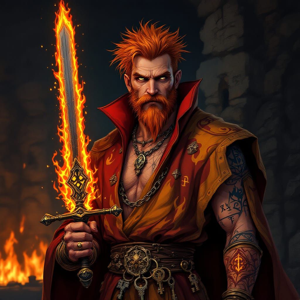 Retro Game Character Portrait With Fiery Hair And Keys