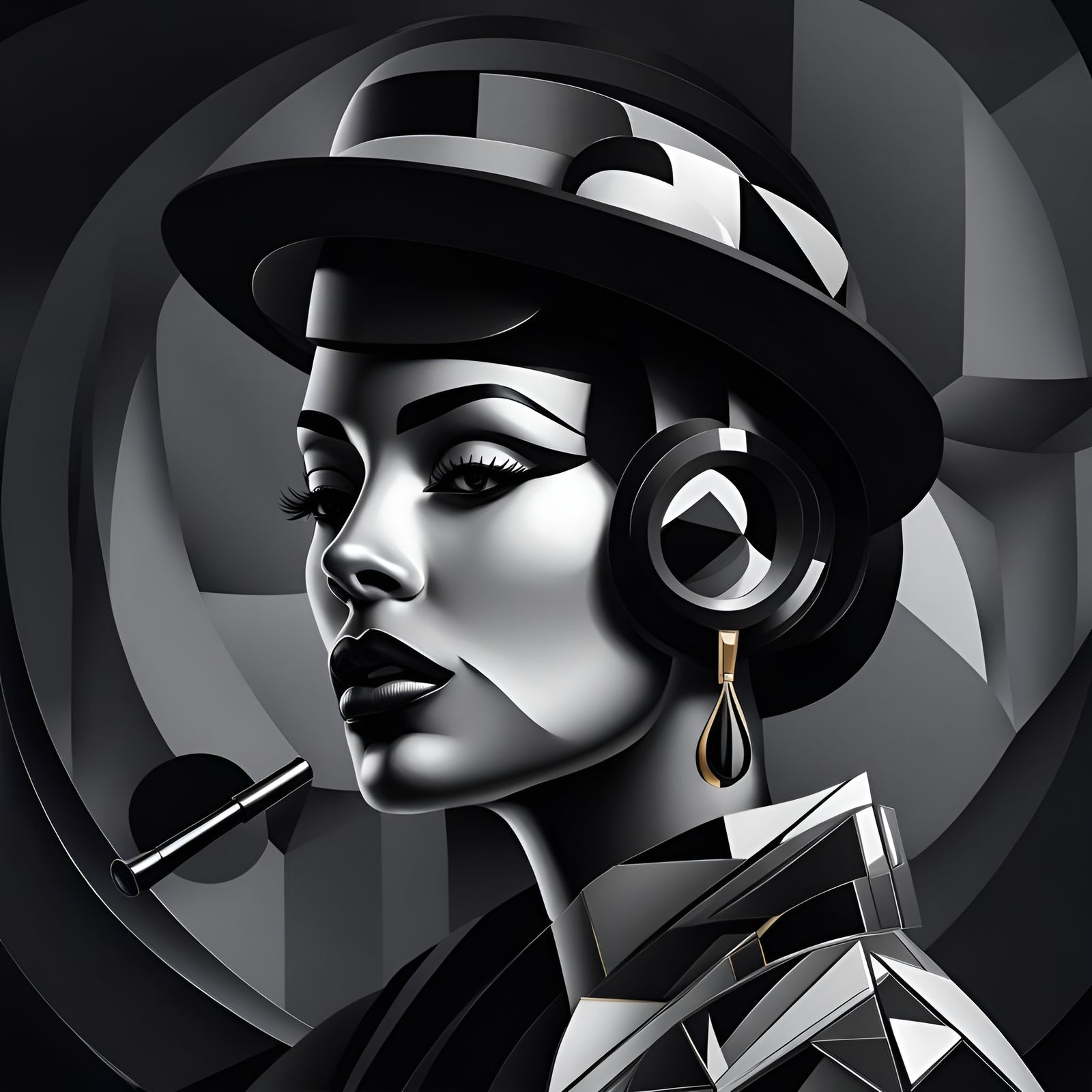 Tattooed Rapper with Microphone in Cubist Style