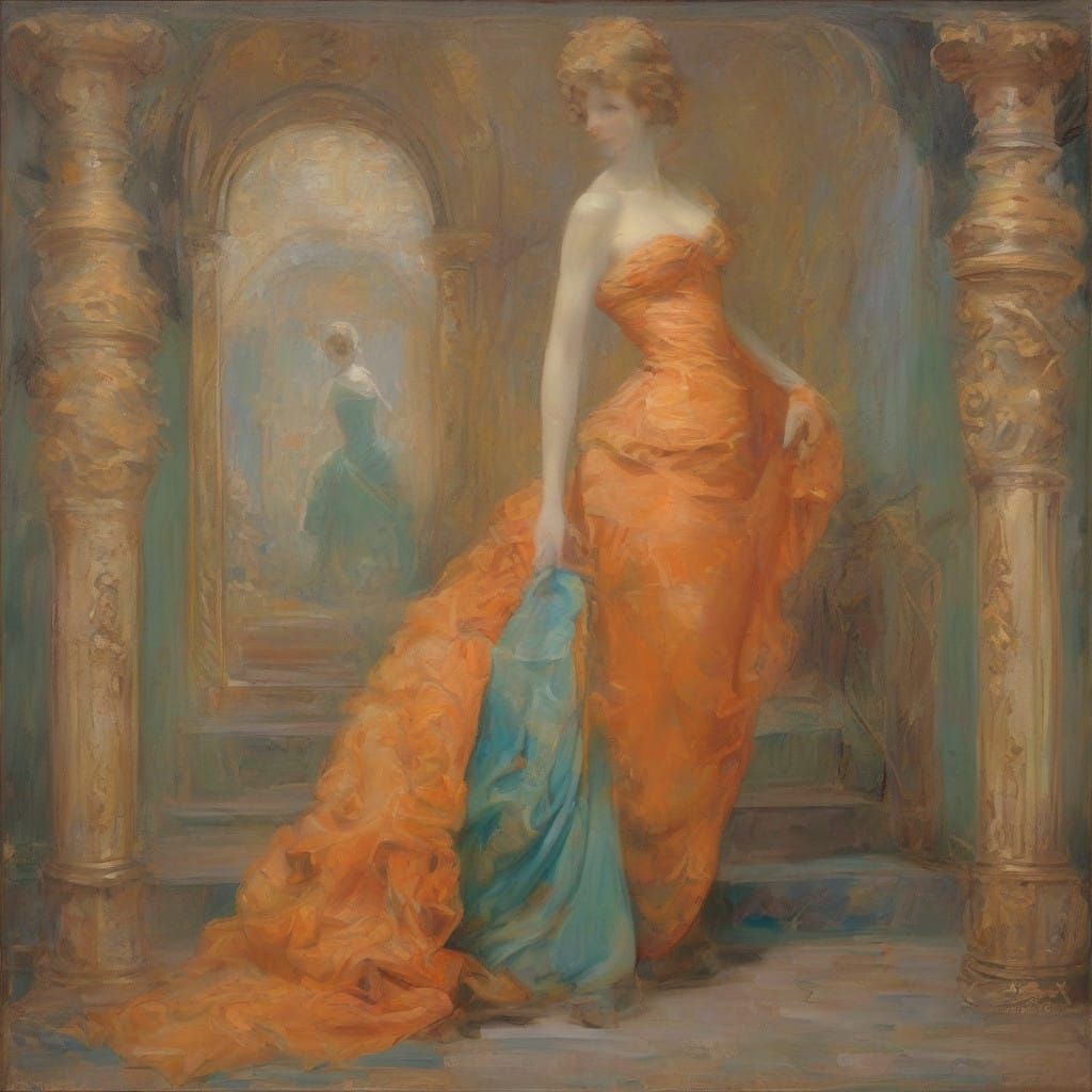 Woman Surrounded by Geometric Faces in Whimsical Victorian S...