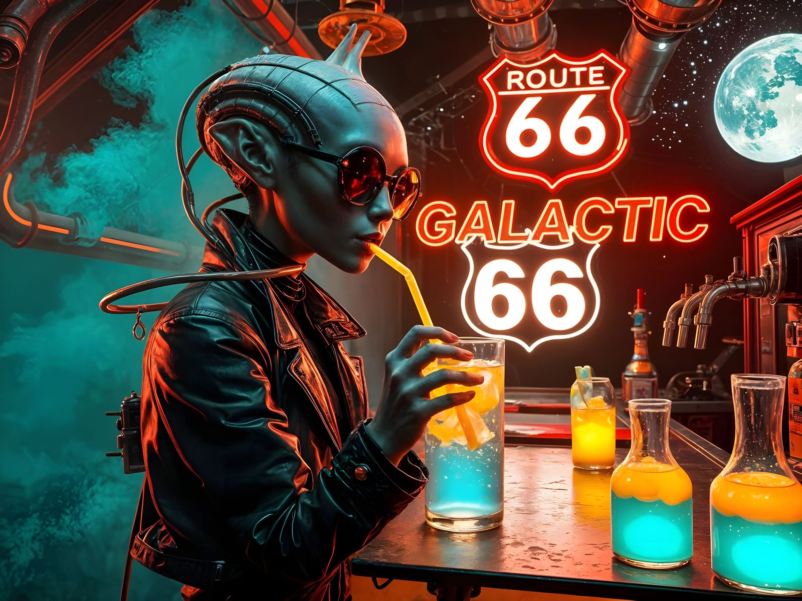 Alien Gas Station on Route 66 in Steampunk Style