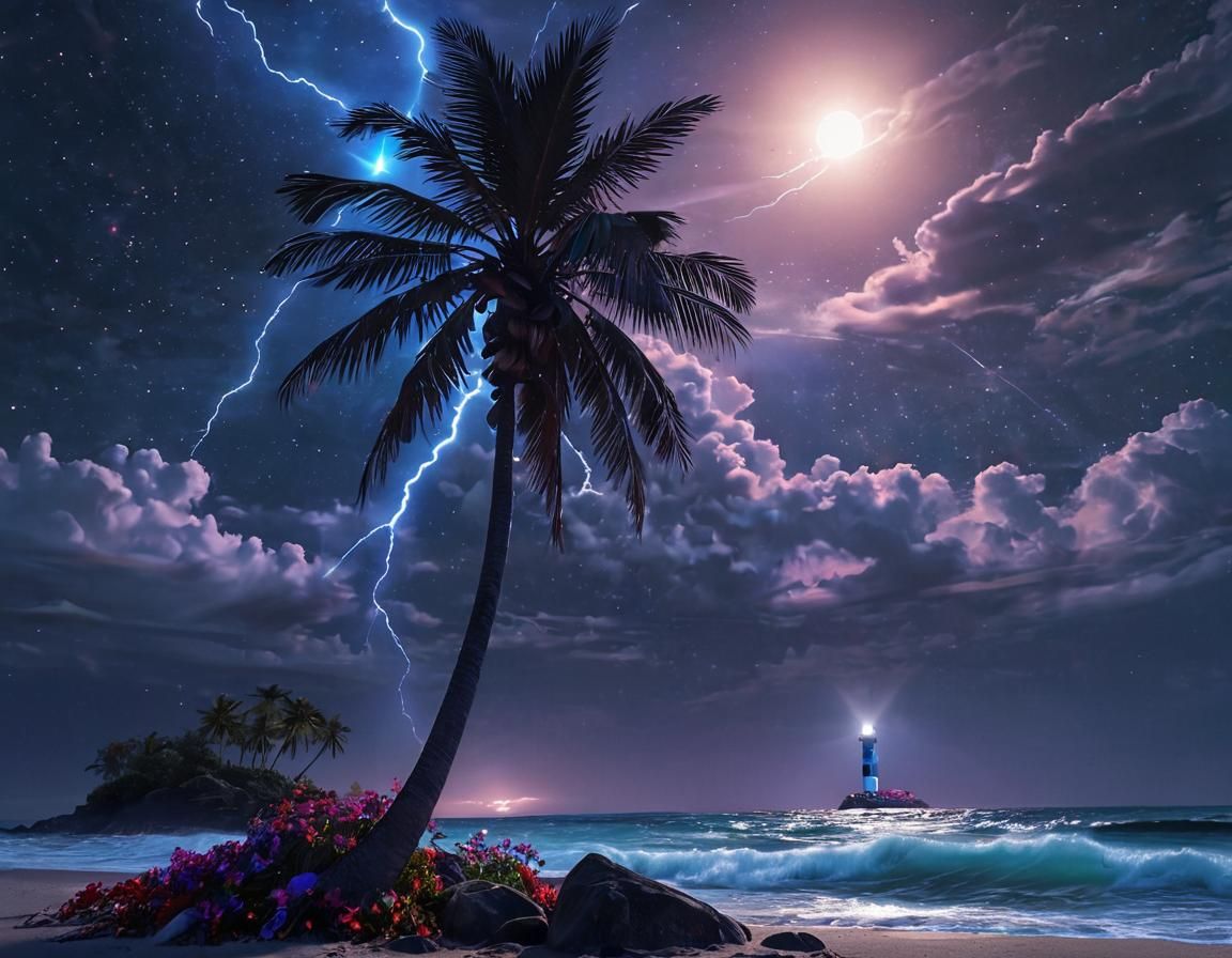 Lightning Strikes Palm Tree on Colorful Beach