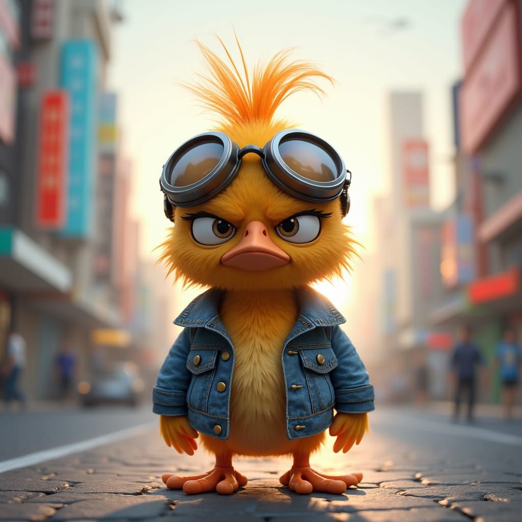Grumpy Chick in Futuristic Cityscape: 3D Digital Art