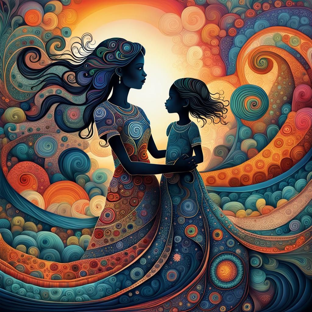 Dreamlike Sunset: Abstract Art of Mother and Child