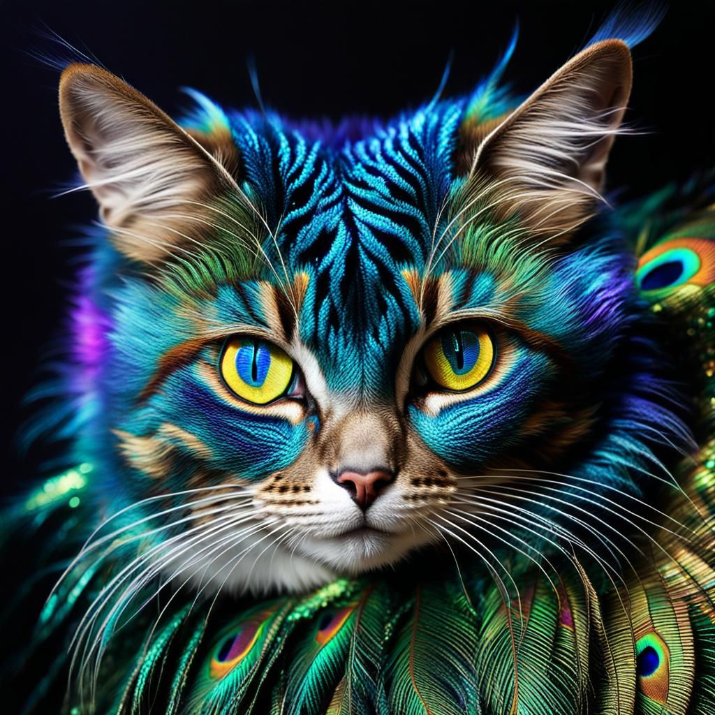 Regal Peacock Cat Hybrid in Vibrant Digital Art