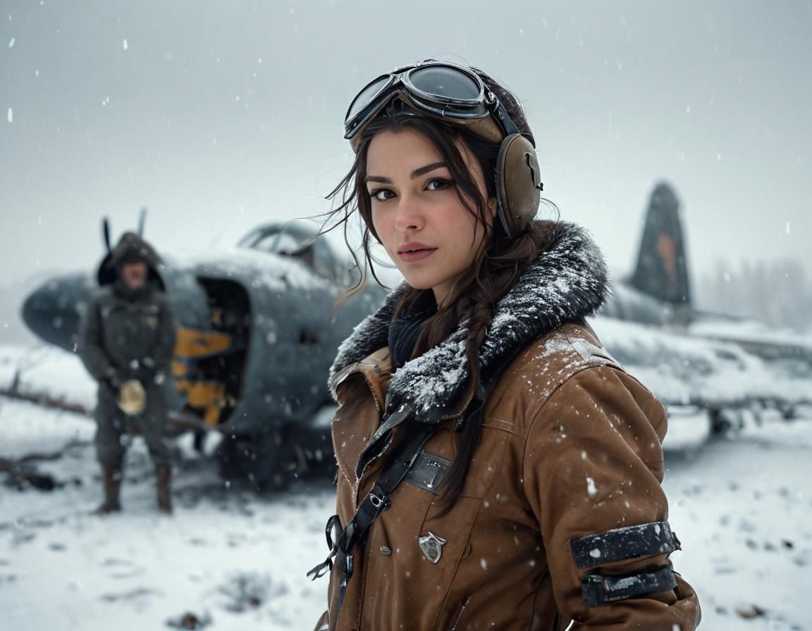 Elegant Pilot Captured in Cinematic Portrait Amidst Snowy Ru...