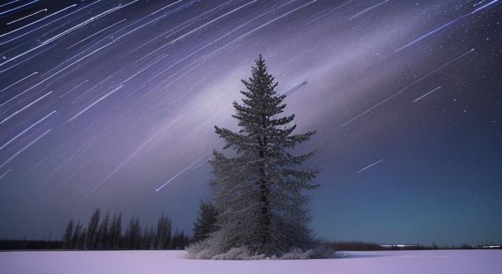 Star Trails Over Icy Winter Lavender Field