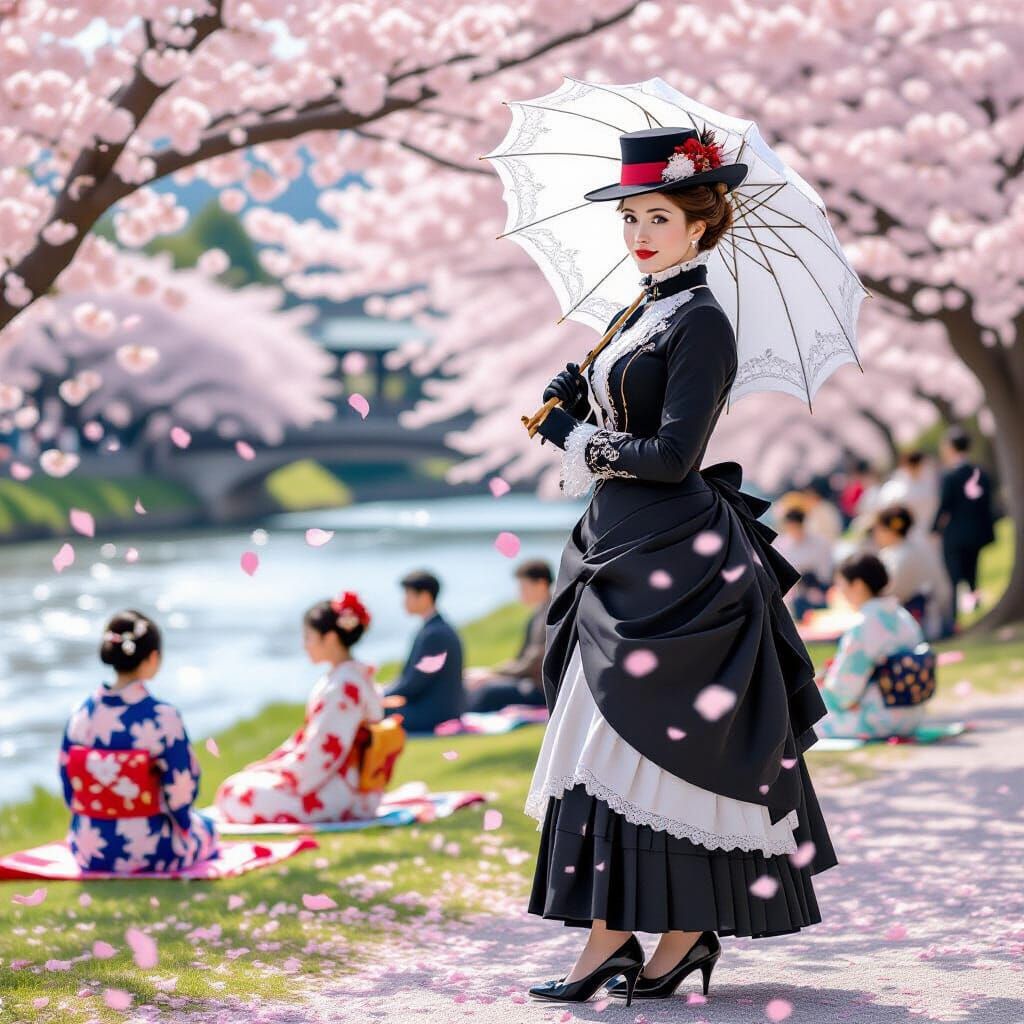 Victorian Lady in Meiji Japan with Cherry Blossoms