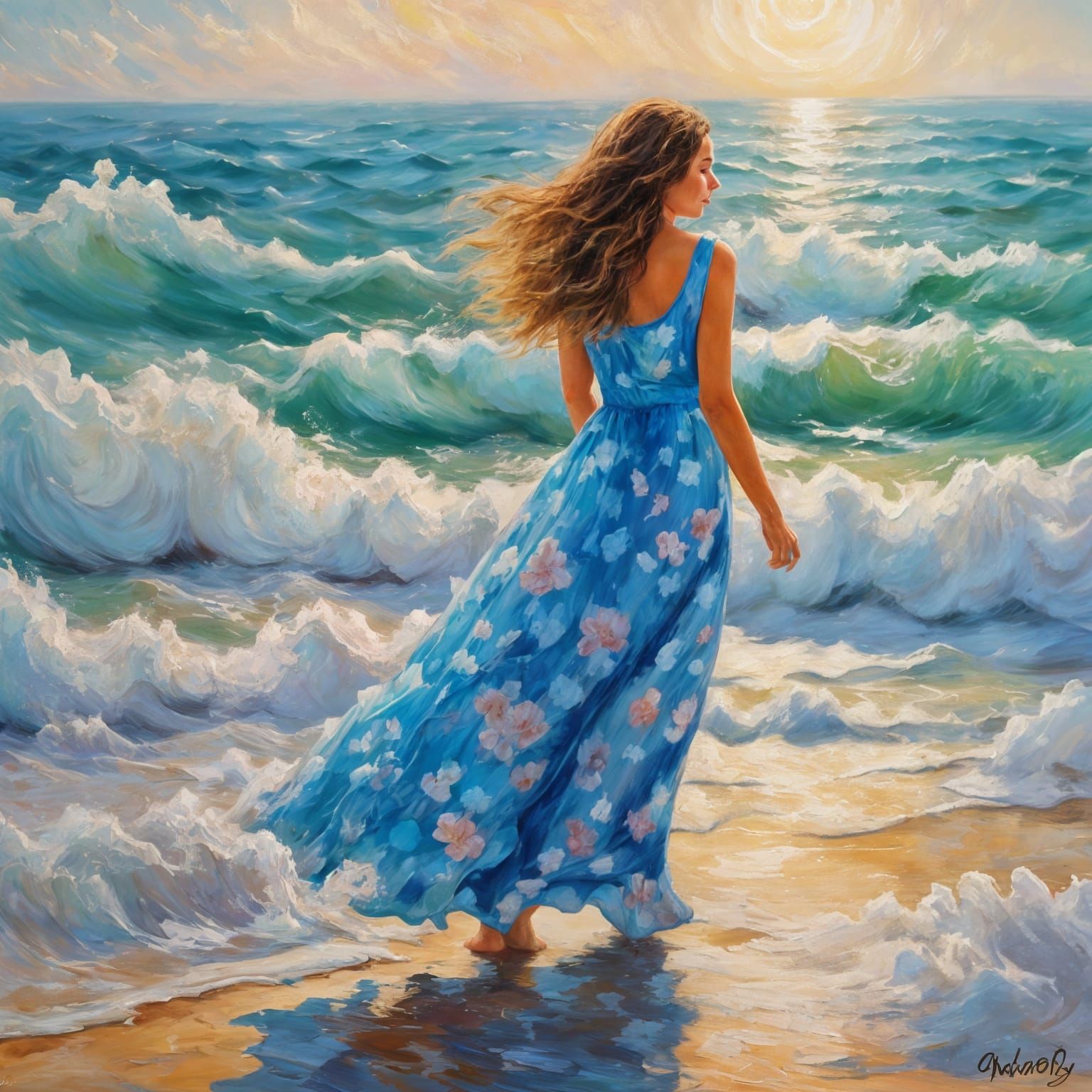 Woman in Blue Dress on Beach in Impressionist Style