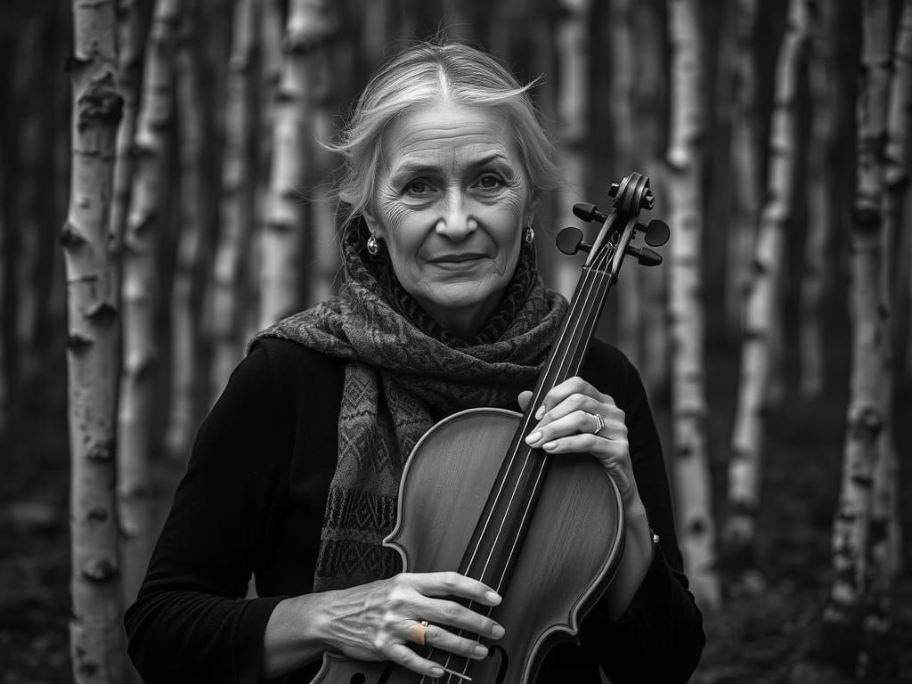 Graceful Greek Violinist in Birch Forest: Black & White Port...