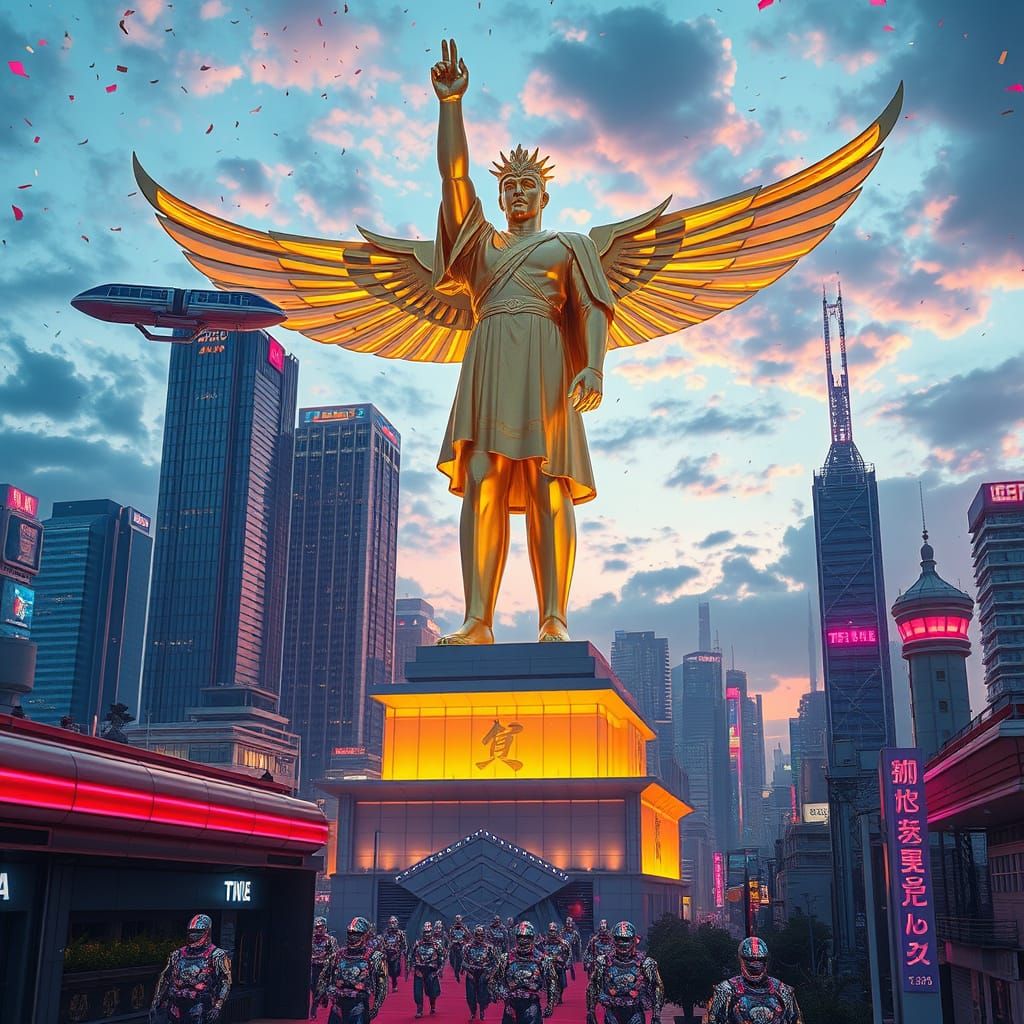 Golden Statue Radiates Light in Futuristic Tokyo Metropolis