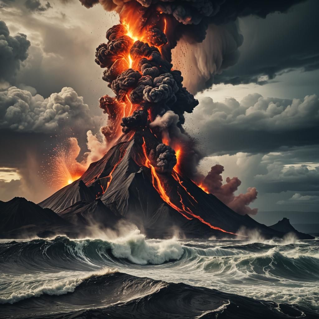 Volcano Eruption in a Raging Sea