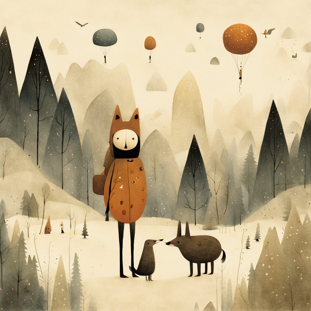 Playful Wanderer Illustration in Primitive Style