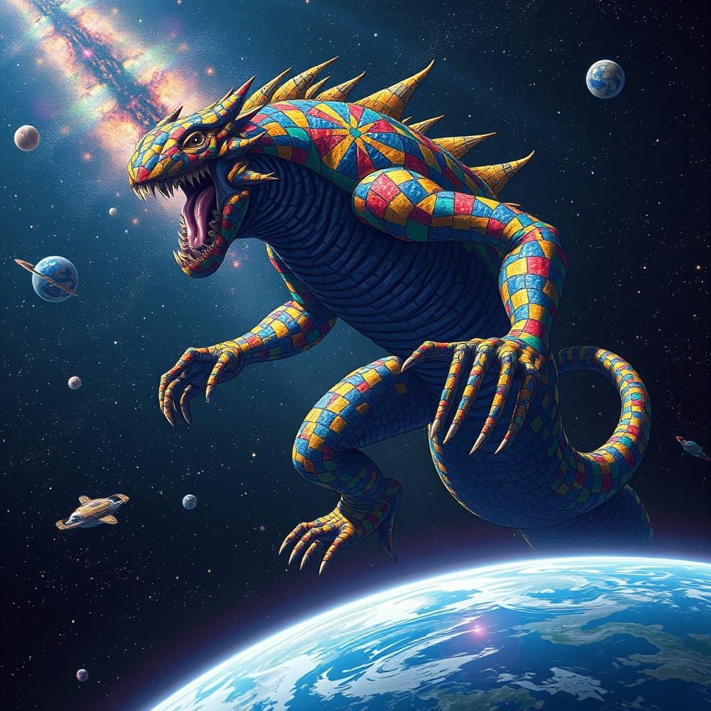 Monstrous Cosmic Entity in Vibrant Mosaic Style