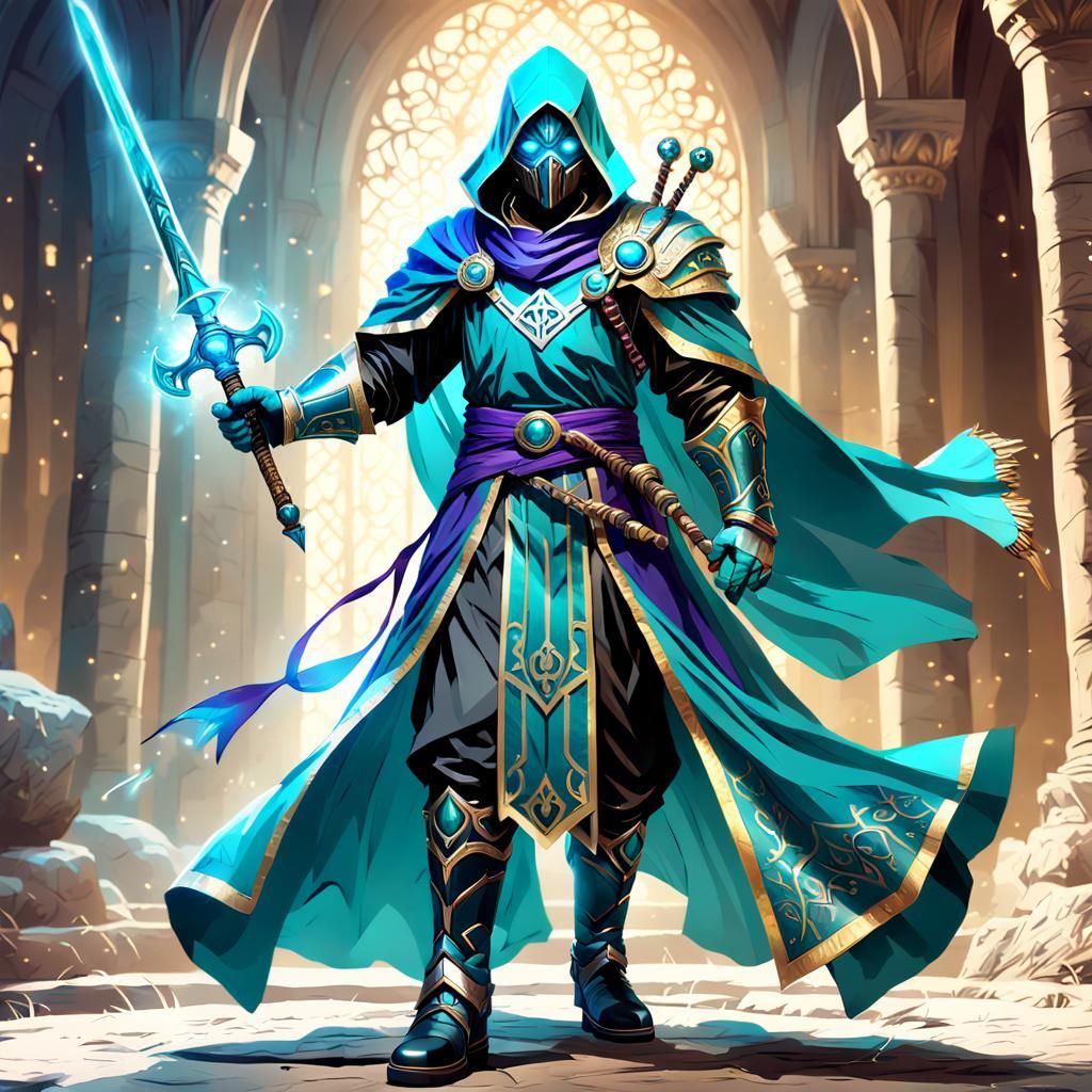 Fantasy Warrior with Staff and Sword in Digital Art