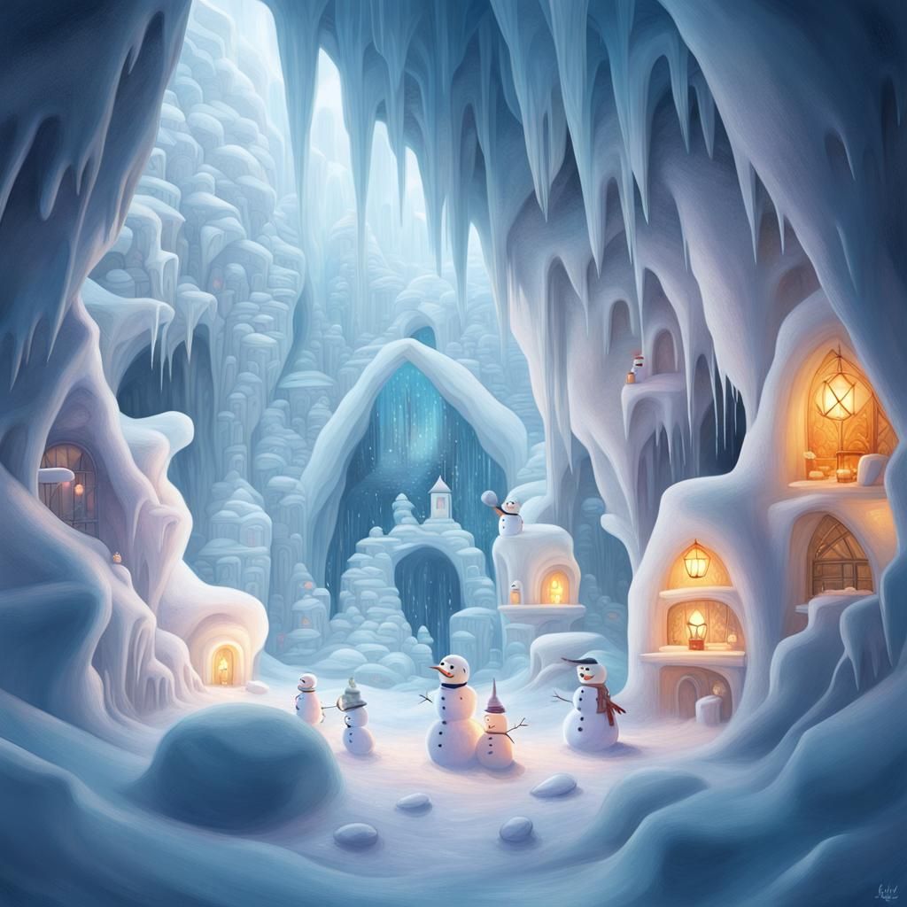 Snowman Village in Crystal Cave: 3D Render